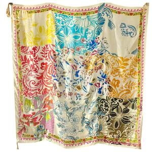 Johnny Was Silk Patchwork Print Tassel Scarf Boho Colorful Wildflower Floral